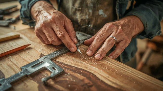 Close-up of a carpenter's hands using a marking gauge and pencil to measure and mark wood, with sawdust scattered on the surface.