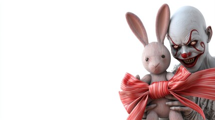 A sinister clown holds a plush bunny adorned with a large ribbon, creating a chilling juxtaposition of innocence and malevolence, Halloween clipart isolated on white background