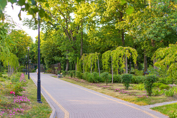 Scenic pathway in a vibrant park setting. A beautiful pathway winds through lush greenery and blooming flowers in a city park during the afternoon light.