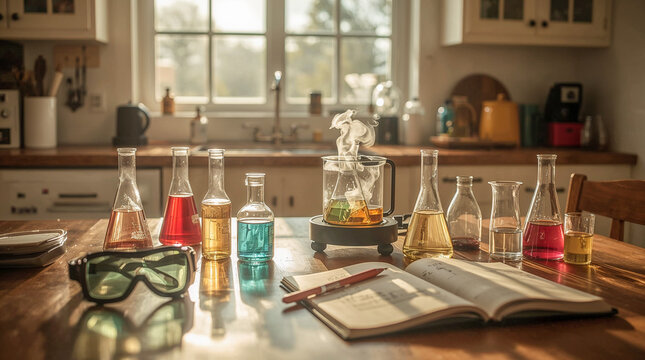 A sunlit kitchen counter showcases an array of colorful liquids in scientific beakers, with a steaming beaker at the center. Safety goggles and an open notebook lie in the foreground.