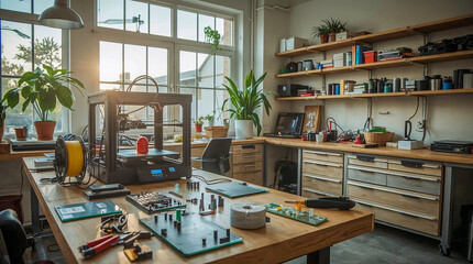 A brightly lit workshop with a 3D printer, electronic components, tools, and plants, showcasing a creative and productive environment. Sunlight streams through large windows.