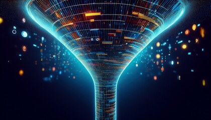 a funnel like structure with abstract data or particles being compressed into a tight bottleneck before expanding into an open space illustrating pressure before breakthrough