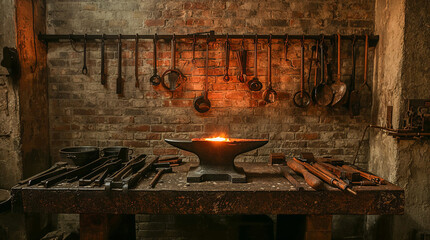 A dimly lit blacksmith's forge with tools hanging on a brick wall and an anvil glowing with heat. A table displays more metalworking implements.