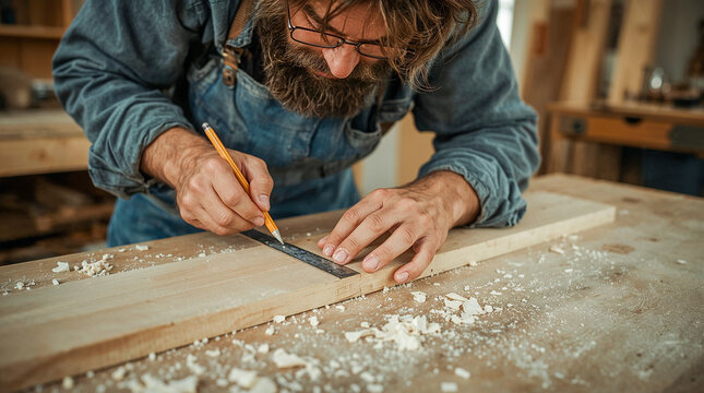 A bearded craftsman in overalls carefully marks a piece of wood with a pencil and ruler in his workshop, sawdust scattered on the table.
