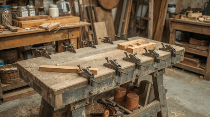 A close-up shot of a workbench in a woodshop, featuring several wooden pieces clamped to the surface, ready for crafting. Sawdust covers the table.