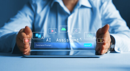 Woman interactions with AI assistant bot  to help work,providing smart support, instant answers, task automation, and personalized guidance, making technology more accessible.AI technology is future.