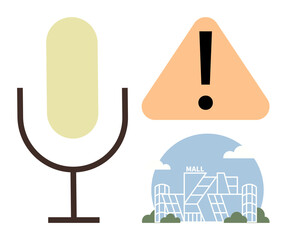 Microphone beside orange warning sign and abstract shopping mall graphic. Ideal for alert notification, public announcement, retail promotion, customer engagement, technology, safety, communication