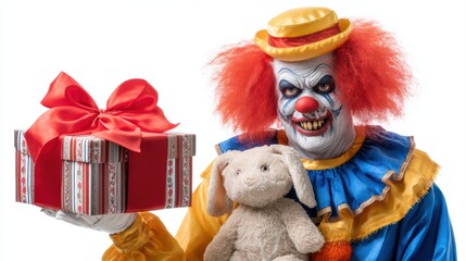 A sinister clown holding a gift box and a stuffed animal, showcasing a playful yet eerie atmosphere with bright colors and exaggerated features, Halloween clipart isolated on white background