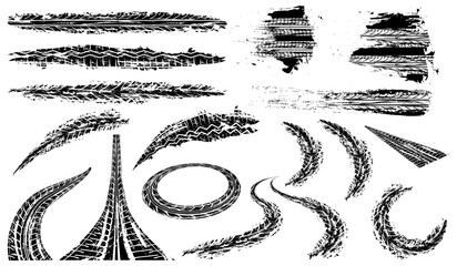 Vector Tire Tracks, Skid Marks, and Drift Patterns for Grunge Automotive Design. racing. motorsport © fahmithl