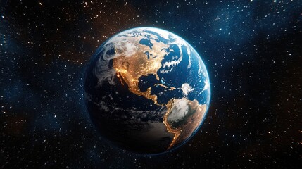 Earth, viewed from space, with visible continents and star-strewn background