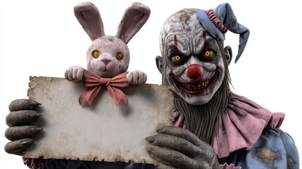 A sinister clown holds a sign and a stuffed bunny, creating a chilling contrast between the playful toy and the clown's eerie expression, Halloween clipart isolated on white background