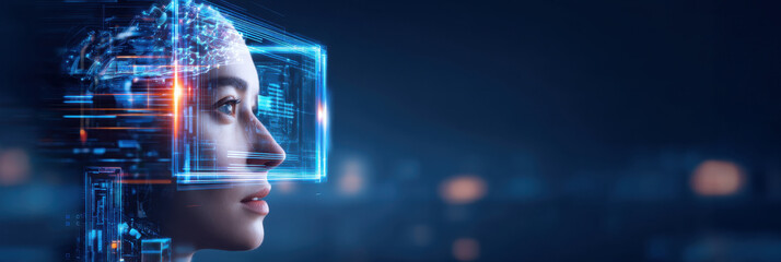 A futuristic portrayal of a woman with a digital interface overlay, symbolizing the intersection of technology and human experience.