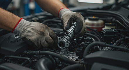 Fototapeta premium Repairing engine components, mechanic works diligently on vehicles engine