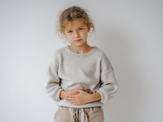 A little girl stands in her bedroom and holds her sore stomach