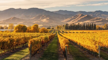 Naklejka premium Picturesque vineyard bathed in golden sunlight portraying tranquility and natural harmony, ideal for wine promotions or travel content.