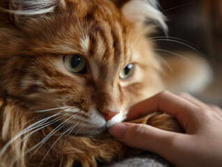 Close up of female hands stroking ginger cat, shallow depth of field
