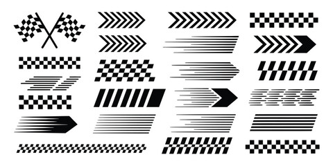 Race Car Stripes and Motorsports Vector Set – Includes Checkered Flags, Finish Line Elements, Dynamic Racing Lines, Motocross Labels, Speed Graphics, and Competition-Themed Design Assets