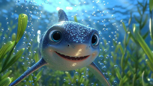 Blue cartoon shark is swimming in the sea