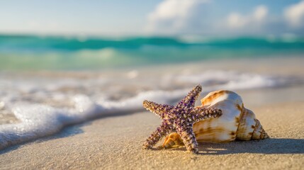 Seashells and starfish on sand evoking tranquility of tropical beach, ideal for vacation promotions or marine-themed designs.