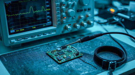 A close-up shot of an electronic circuit board being tested with an oscilloscope and probe, highlighting a technician's workspace.