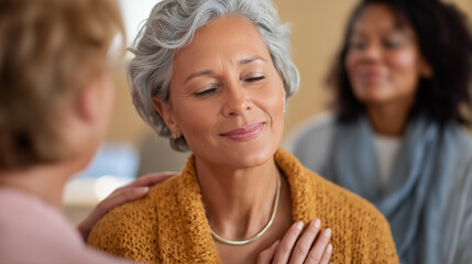 A compassionate group in therapy soothing a woman in distress supportive gestures and attentive expressions warm toned environment emphasizing comfort and trust scene