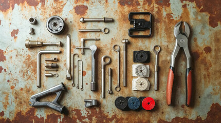 A collection of metal tools and car parts arranged on a rusty, textured surface. The composition highlights mechanical elements against a weathered backdrop.