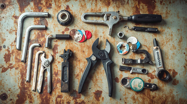 A collection of various bicycle repair tools, including hex keys, pliers, and specialized wrenches, laid out on a rusty metal surface.