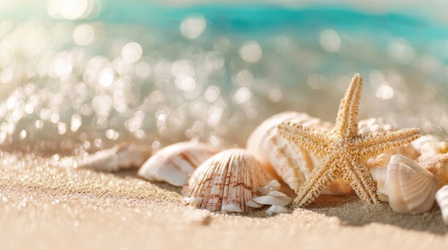 Seashells and starfish on sand evoking tranquility of tropical beach, ideal for vacation promotions or marine-themed designs.