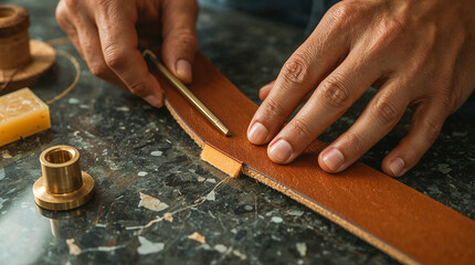 Close-up of hands working on a leather strap, using a brass tool for crafting. Focus on the detail of the material and the artisan's precise movements.