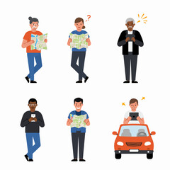 Fototapeta premium Modern and traditional navigation methods: diverse people finding their way with paper maps, smartphones, tablets, and car GPS.