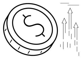 Coin with dollar sign surrounded by upward-pointing arrows. Ideal for finance, investment, success, growth, wealth management, economic progress, savings. Simple flat metaphor