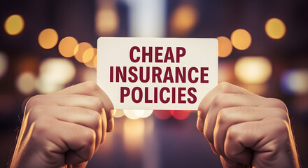 Close up of Hands Holding Sign with Inscription Cheap Insurance Policies on City Street with Bokeh