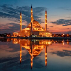 Naklejka premium A grand mosque shines brightly at dusk reflected in still water with minarets piercing the sky
