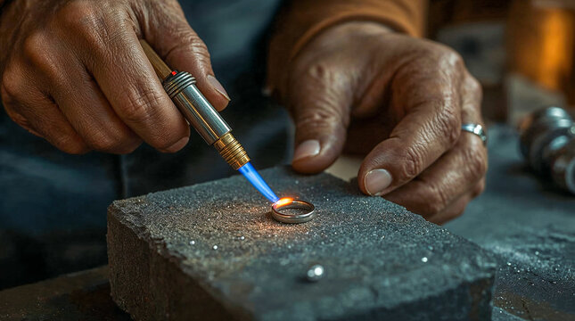 A close-up shot captures a jeweler's hands expertly using a torch to heat and shape a ring on a textured workbench, highlighting the craft of jewelry making.