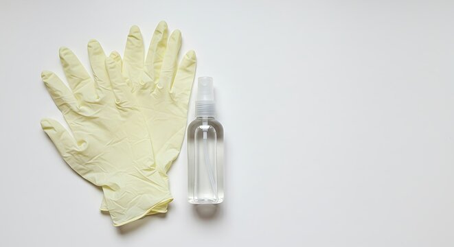 protective gloves and disinfectant spray
