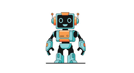 Fototapeta premium Cute friendly robot character standing happily with cheerful expression and mechanical parts