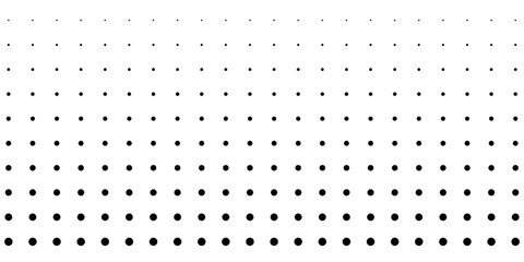 Black dots of varying sizes randomly scattered on a white background creating a polka dot pattern  comic pop art overlay backdrop. Halftone raster effect wallpaper. modern