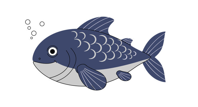 Chubby dark blue fish with open mouth and bubbles swimming in water