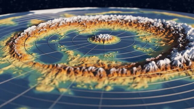 Detailed Close-Up of Flat Earth Model with Concentric Rings and Varied Topography