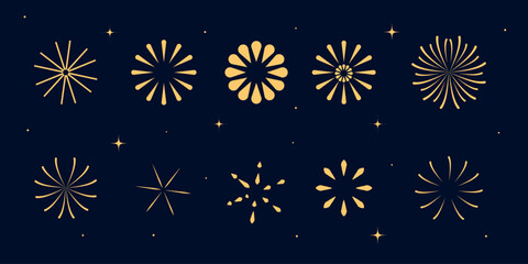 Gold fireworks set isolated on dark background. Vector illustration
