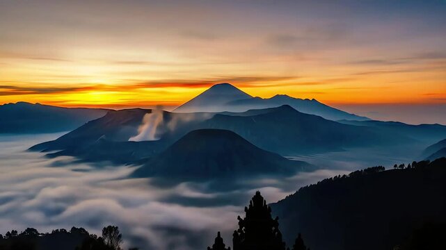 Spectacular Animated Sunrise Over Smoking Bromo Volcano and a Majestic Sea of Clouds.