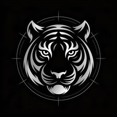 A black and white, stylized illustration of a tiger's head with a metallic, silver appearance.