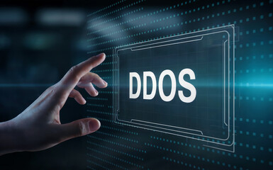 Human hand touching a glowing digital interface with "DDOS" text, symbolizing cyber attack, network security, and threat prevention.
