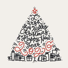 Christmas Greeting Card. I wish you a Merry Christmas and a Happy New Year 2026 lettering phrase in a shape of Christmas tree with gift boxes. Modern lettering holiday season template.