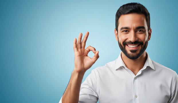 Cheerful and confident Arab man smiles warmly and shows OK sign against light blue background, leaving space for text. Approval, and contentment, making versatile choice for various messaging needs. H