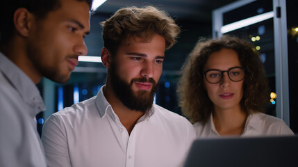 An engineering team gathered around a laptop in a server room discussing solutions with serious expressions glowing server racks surrounding them atmosphere symbolizing technica