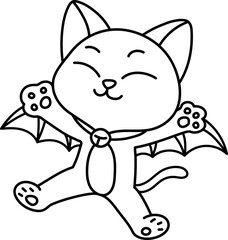 Jumping Bat-Winged Black Cat (Coloring Page Outline Illustration)