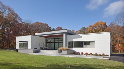 Modern residential architecture with clean lines bathed in neutral tones under daylight, ideal for real estate ads or architecture magazines.