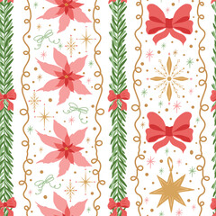 Christmas striped seamless patterns decorated garland, bows, flowers, stars, fir branches. Vector festive repeat background, New year print, cute winter holiday gift paper, wallpaper, textile design.