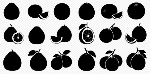 A collection of black silhouette icons depicting various citrus fruits, including whole, half, and sliced versions, some with leaves.